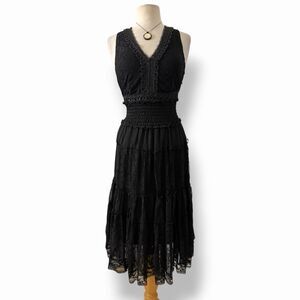 Vasna Desire Black Witchy Whimsigoth Lace Corset Smocked Tiered Vampire Dress L